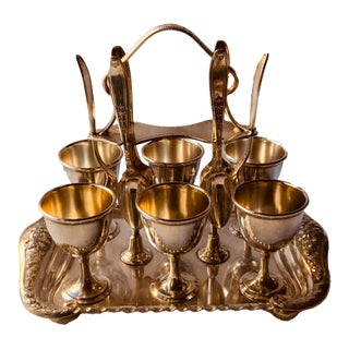 Antique Edwardian American Silverplate Egg Cup Set, Six Cups and Six Spoons on Footed Tray - 13 pcs For Sale
