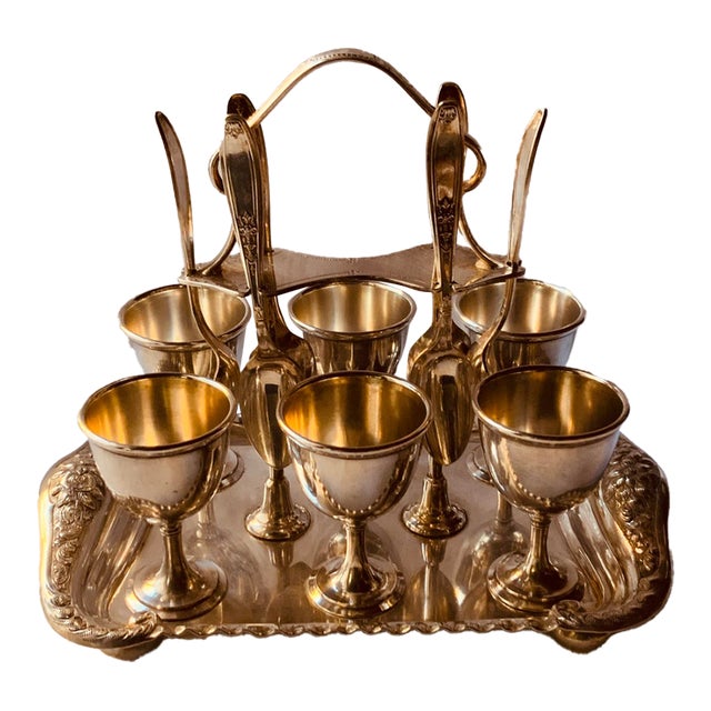 Antique Edwardian American Silverplate Egg Cup Set, Six Cups and Six Spoons on Footed Tray - 13 pcs For Sale