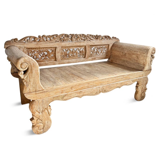 Vintage Washed Teak Sleigh Arm Outdoor / Indoor Bench For Sale - Image 4 of 7