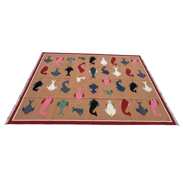 Mid-Century Modern Handmade Cotton Vegetable Dyed Flat Weave Area Rug, Tan, Red Fish Patterned Dhurrie - 9'x12' For Sale - Image 3 of 16
