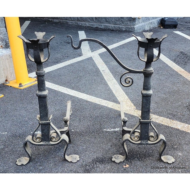 Pair Early Antique French Wrought Iron Basket Top Andirons / Firedogs With Crane Pot Bar 28" For Sale - Image 4 of 16