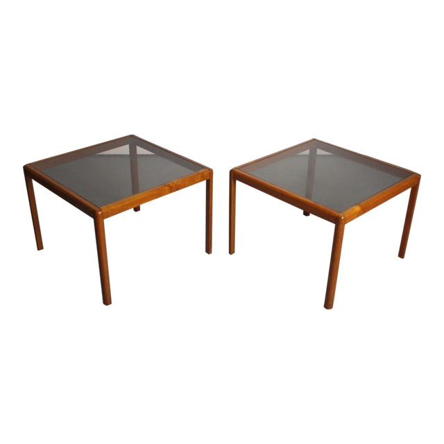 Minimalist Teak End Tables with Smoked Glass Tops For Sale