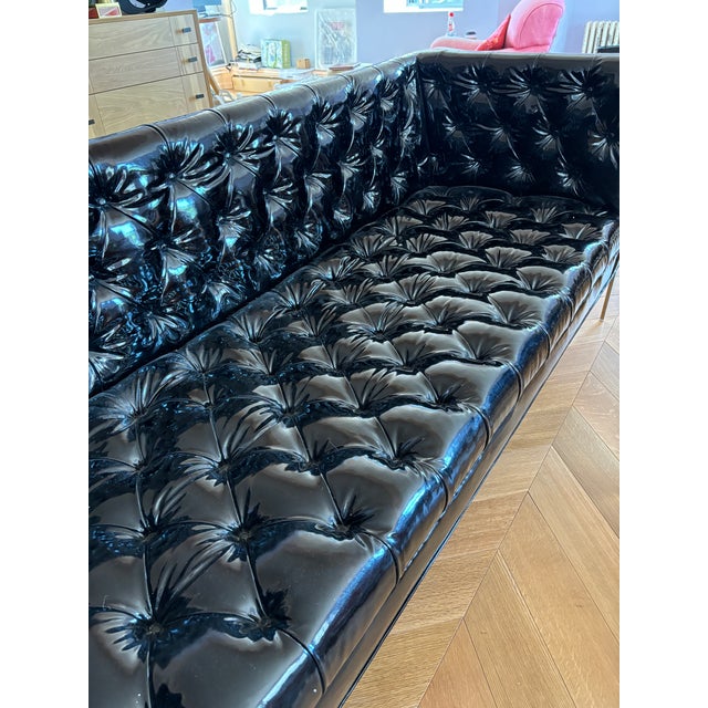 Black Custom Edelman Patent Leather Tuxedo Sofa For Sale - Image 8 of 11