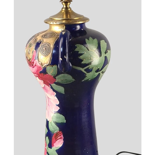 Early 20th Century Satsuma Royal Blue Hand Painted Romantic Roses Gilded Table Lamp Vase For Sale - Image 6 of 12