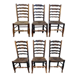 Set Six English Lancashire Georgian Oak and Elm Rush Seat Ladderback Dining Chairs For Sale