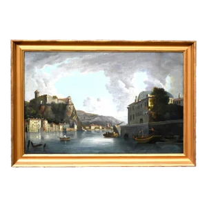 1800's Antique Painting, Oil on Canvas, Italian School, Realism, Canal, Village