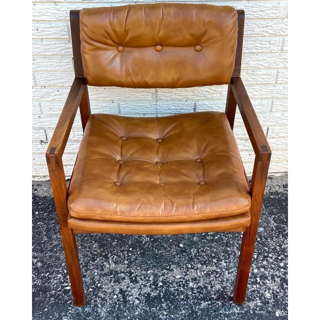 Vintage Mid Century Modern Leather and Wood Arm Chair by Kt Furniture