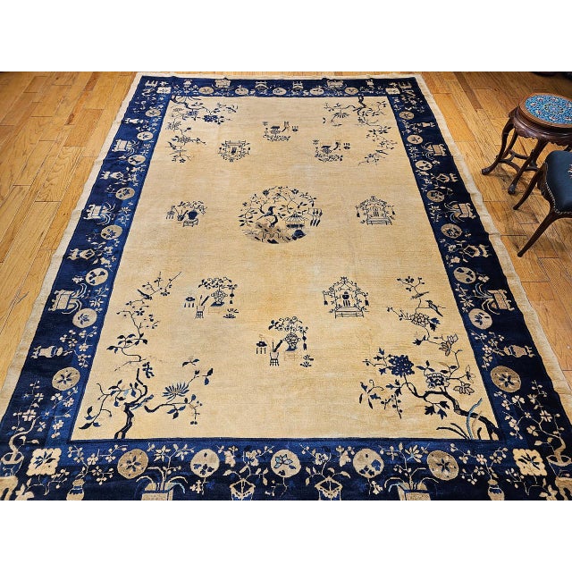 Chinese Antique Chinese Peking Rug, Hand-Knotted Wool Pile, Tan Field, 10' x 13' For Sale - Image 3 of 17