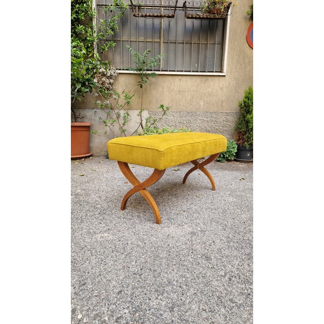 Tan Bench with Light-Colored Crossed Wooden Legs and Yellow Fabric Seat, 1940s For Sale - Image 8 of 10