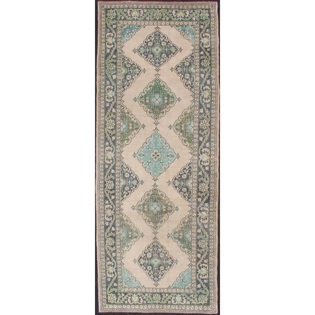 Turkish Oushak Runner With Medallion Design in Dark Blue, Blush, Aqua and Green For Sale - Image 12 of 12