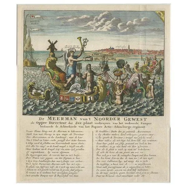 Antique print titled 'De Meerman van 't Noorder Gewest als Opper Directeur der zee-plaat verkruyers van het verkeerde...