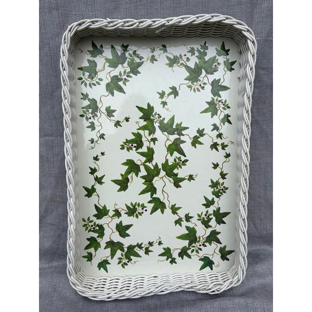 Sweet vintage white faux wicker rimmed, green ivy vine printed malmine serving tray. Made in W Germany. Tray measures 19...