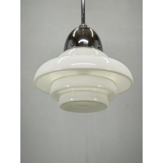 White Vintage Art Deco Bauhaus Opaline Glass and Chrome Pendant Light, 1930s For Sale - Image 8 of 11