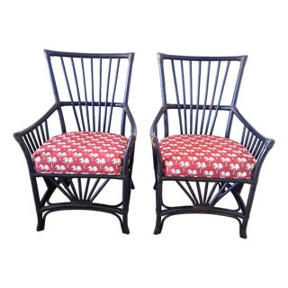 Palecek Vintage Dark Tone Armchair Tropical Motif Upholstered Seat Accent Chair – Pair For Sale