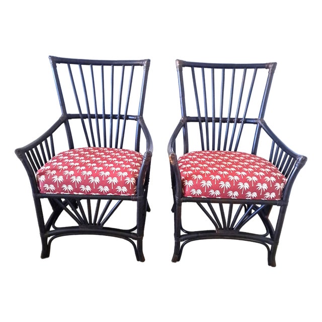 Palecek Vintage Dark Tone Armchair Tropical Motif Upholstered Seat Accent Chair – Pair For Sale