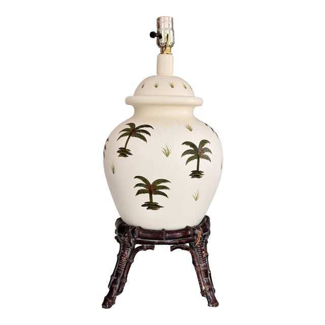 Vintage Ginger Jar Palm Tree Motif Table Lamp For Sale