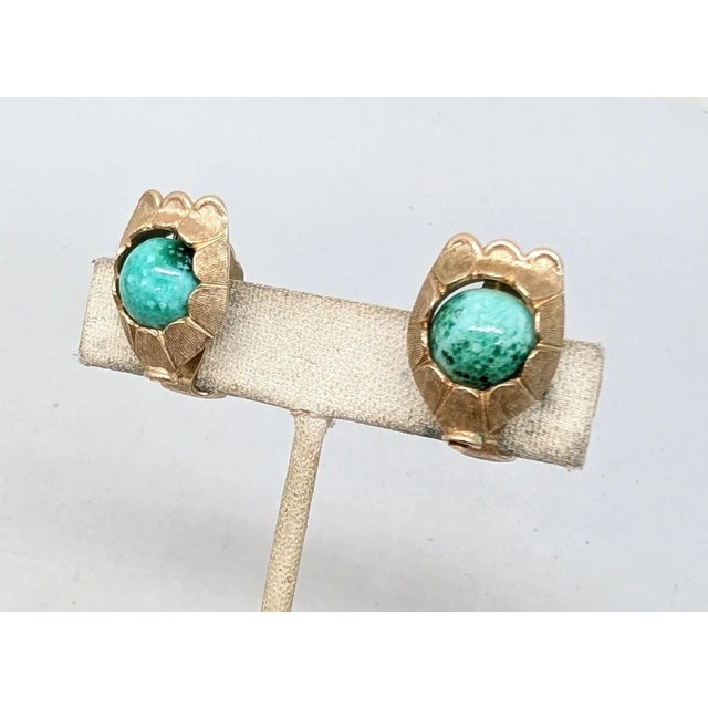 1950s Vintage 1950s Signed Napier Goldtone Faux-Jade Clip Earrings-2 Pieces For Sale - Image 5 of 6