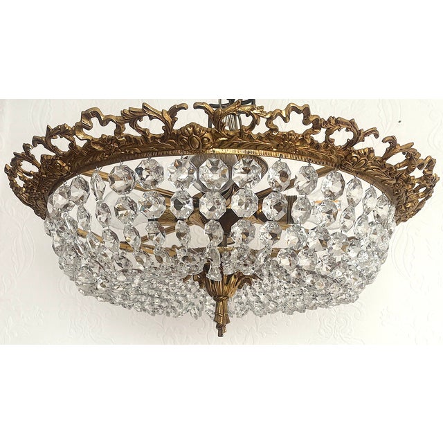Vintage Spanish Brass and Crystal Ceiling Lamp, 1950s For Sale - Image 4 of 14