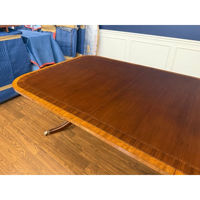 Wood Traditional Multi-Banded Mahogany Double Pedestal Dining Table - Showroom Sample For Sale - Image 7 of 15