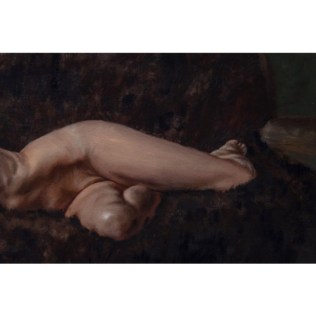 Erica #1 by Dave Seeley | Oil on Canvas on Board Nude woman reclining on a couch. For Sale - Image 4 of 5