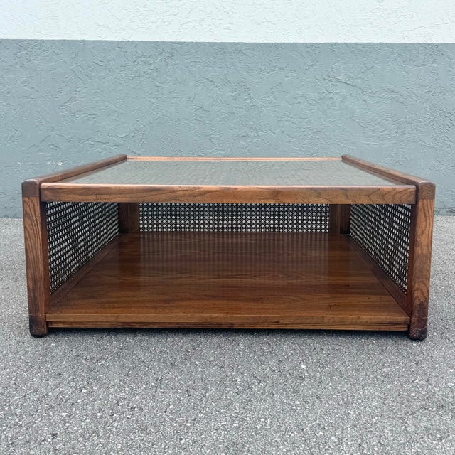 Vintage Boho Chic Cane and Oak Glass Top Coffee Table For Sale - Image 4 of 9