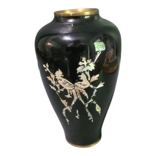 Vintage Brass Black Enamel Asian Mother of Pearl Phoenix Bird Vase For Sale