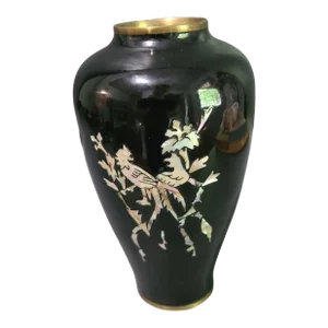 Vintage Brass Black Enamel Asian Mother of Pearl Phoenix Bird Vase