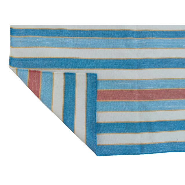 Handwoven Cotton Area Rug, Natural Vegetable Dyed, Blue, Red and Yellow Striped Dhurrie - 9'x12' For Sale - Image 12 of 12