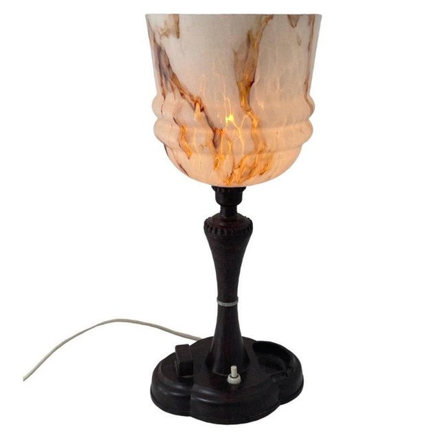 Glass Art Deco Desk Lamp with Bakelite Feet & Ashtray For Sale - Image 7 of 9