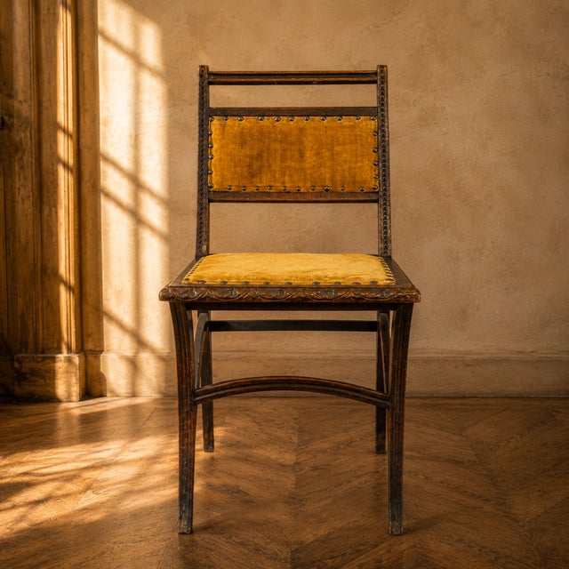 Art Nouveau Wood and Velvet Dining Chair with Brass Nailhead Trim, 1900s-1910s For Sale - Image 4 of 4
