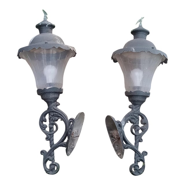Pair of Vintage Colonial Era Ornate Outdoor Wall Sconces/Lamps For Sale
