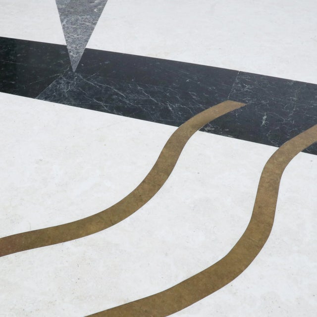 Memphis Milano marble and brass abstract inlaid coffee table with steel legs. Tavola Oggetti. Wonderful vintage condition...