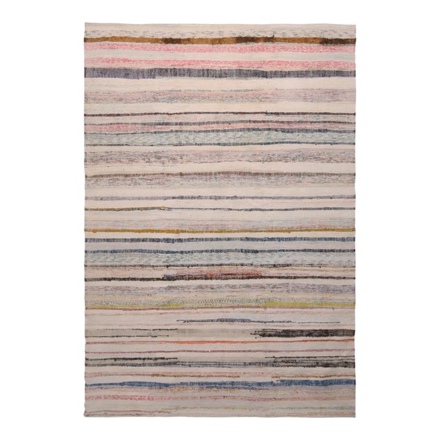 Vintage Chaput Geometric Striped Beige Pink and Blue Multicolor Wool Kilim Rug For Sale