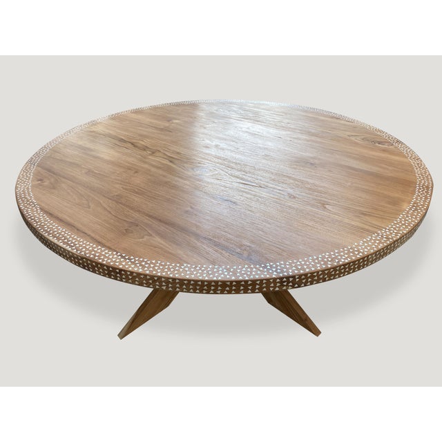 Contemporary Andrianna Shamaris Round Shell Inlaid Teak Wood Dining Table For Sale - Image 3 of 18