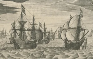 Antique Print of a Fleet of Nine Ships Departing to the East Indies, 1603
