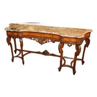 French Louis XVI Style Walnut Inlaid Marble Top Buffet Sideboard Circa 1920's For Sale