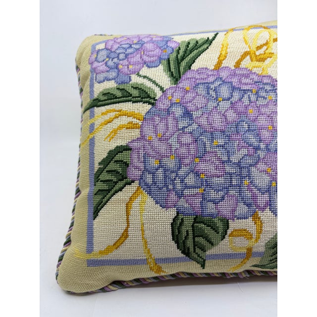 1980s Vintage Blue Hydrangea Needlepoint Pillow For Sale - Image 5 of 6
