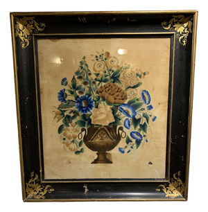 Flower Filled Urn, Painting on Velvet, 19th Century, Framed