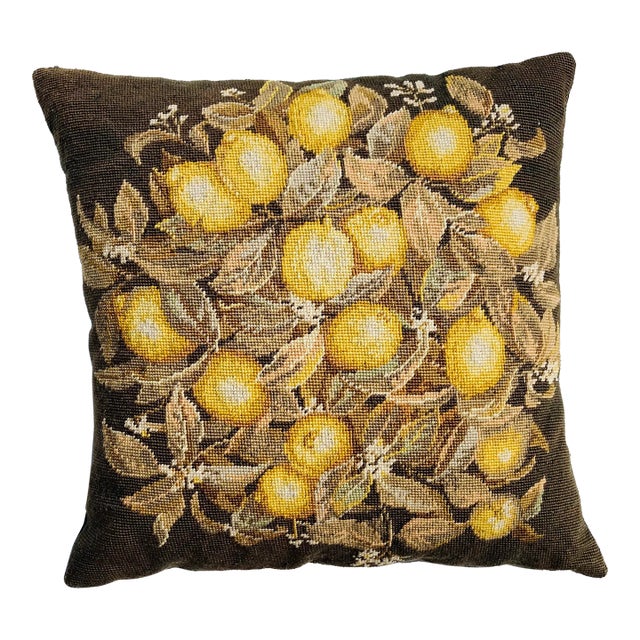 Vintage Needlepoint Lemon Tree Pattern Pillow For Sale