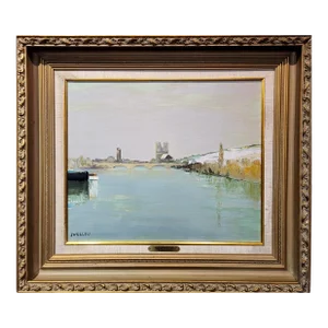 Jean Helleu -Under a Blanket of Snow by the River-1950s French Oil Painting