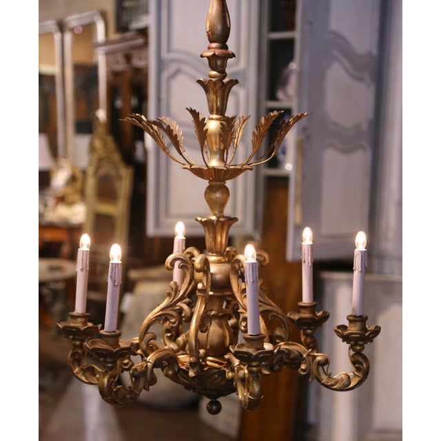 Early 20th Century French Rococo Carved Giltwood Six-Light Chandelier For Sale In Dallas - Image 6 of 6