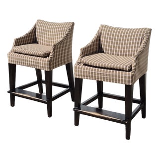 Pair of Lee Industries Linen Slipcovered Upholstered Counter Height Stools For Sale
