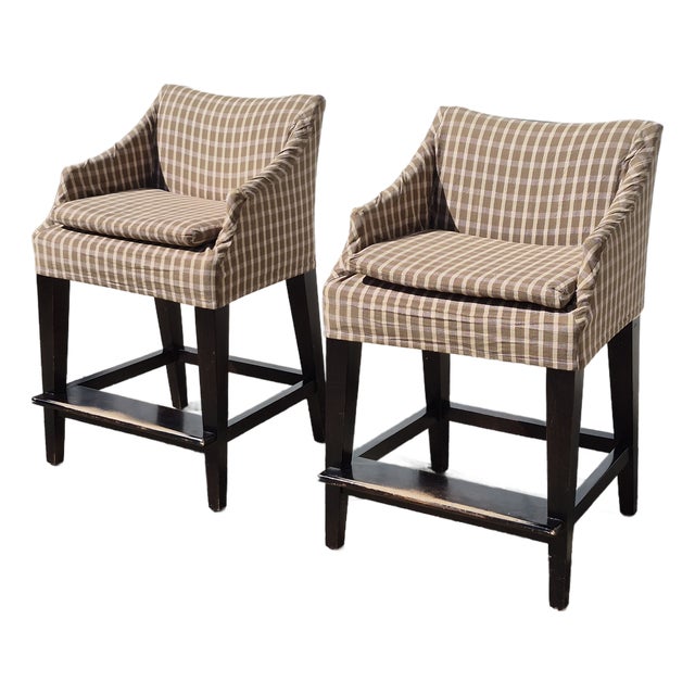Pair of Lee Industries Linen Slipcovered Upholstered Counter Height Stools For Sale