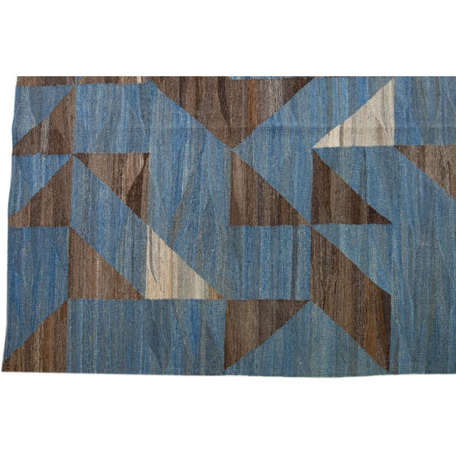 2020s Blue Oversize Kilim Wool Rug Flatweave With a Modern Abstract Design For Sale - Image 4 of 7