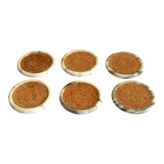 Round Marble and Cork Coasters - Set of 6 - Vintage For Sale