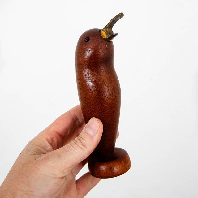 Vintage Mid Century Danish Modern Bottle Opener Solid Teak Bird Brass Figurine For Sale In Sacramento - Image 6 of 10