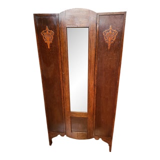 Early 20th Century Victorian Tiger Oak Wardrobe / Armoire W Beveled Edge Mirror For Sale