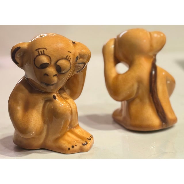 Ceramic Mid 20th Century Trompe-L’Oeil Ceramic Cheeky Monkey Salt and Pepper Shakers For Sale - Image 7 of 9