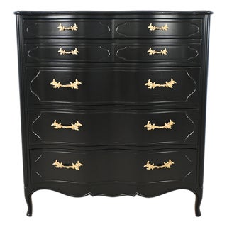 Black Lacquered French Provincial Chest of Drawers With Gilt Pulls by Tomlinson | Newly Refinished For Sale