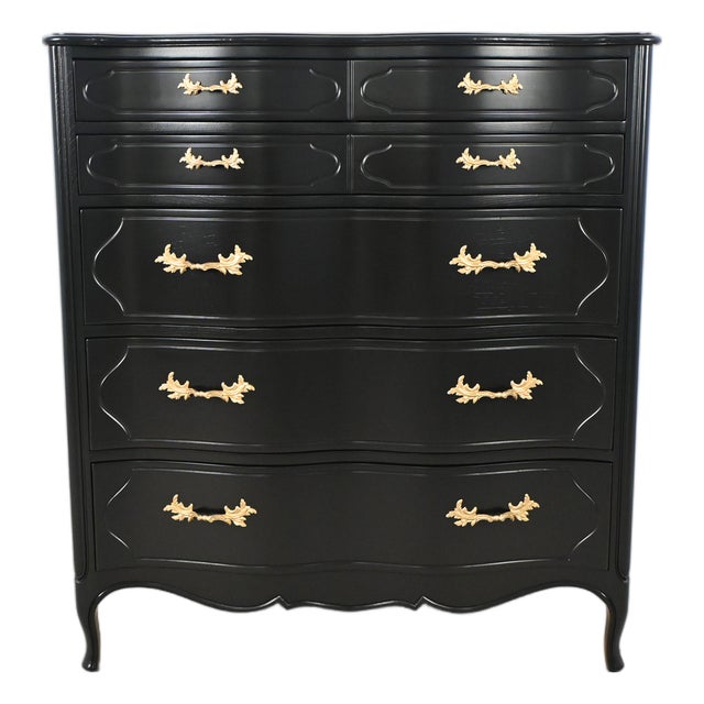 Black Lacquered French Provincial Chest of Drawers With Gilt Pulls by Tomlinson | Newly Refinished For Sale
